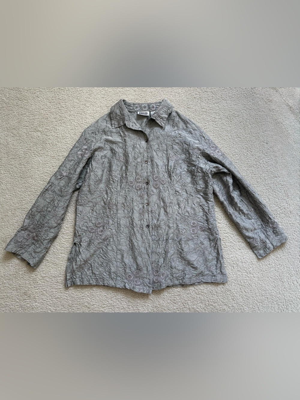 Vintage Chicos Design silver metallic silk embroidered blouse sz 3 (sz XL) chic